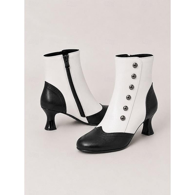 Women's Vintage Two-Tone Button Detail Ankle Boots