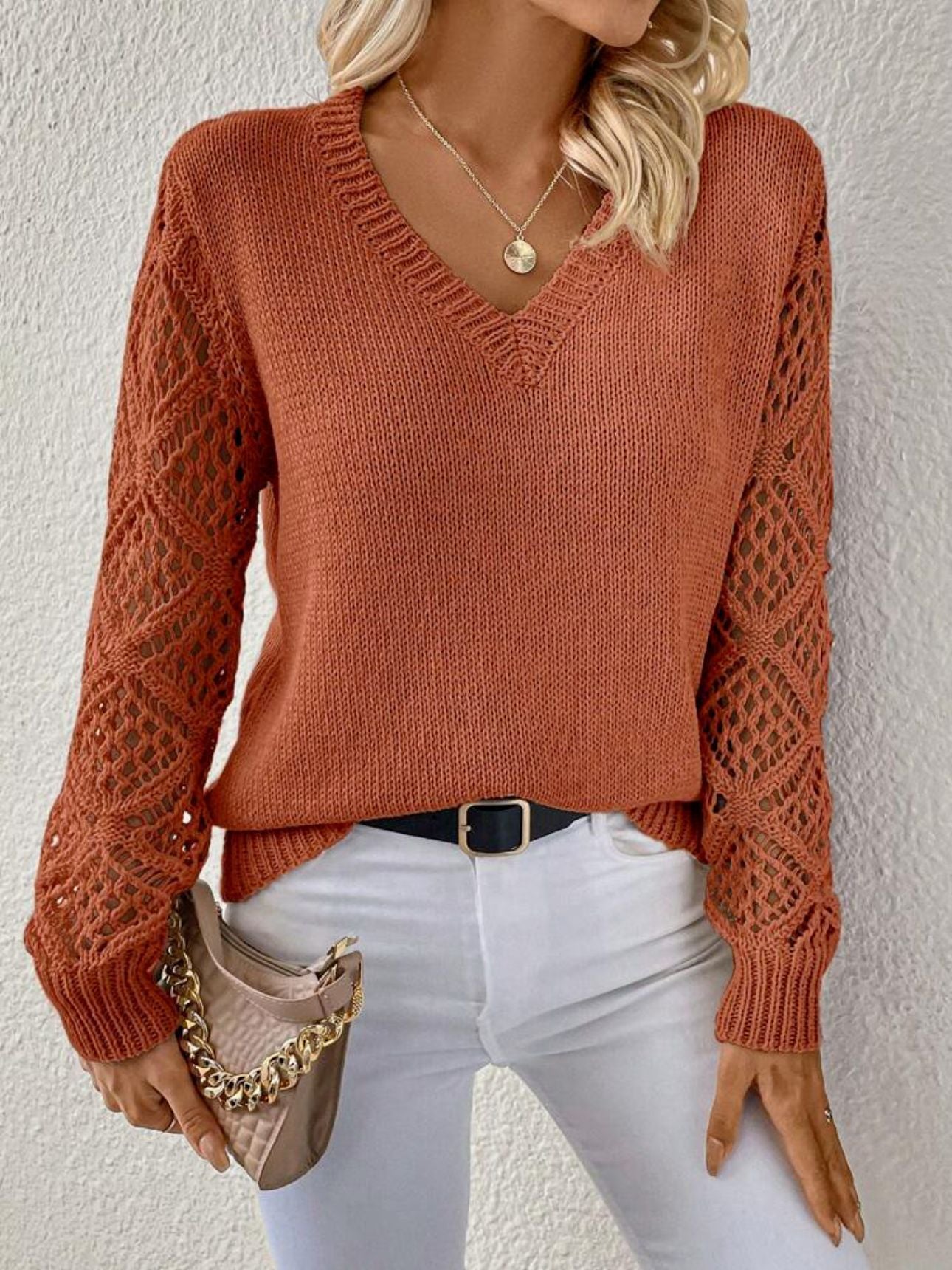 Women's V-Neck Sweater with Crochet Sleeves