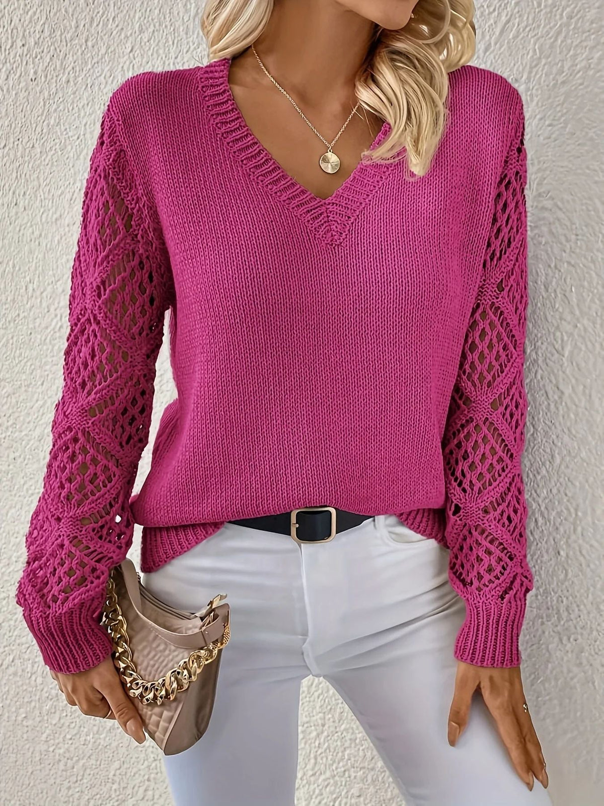 Women's V-Neck Sweater with Crochet Sleeves - Dark Pink