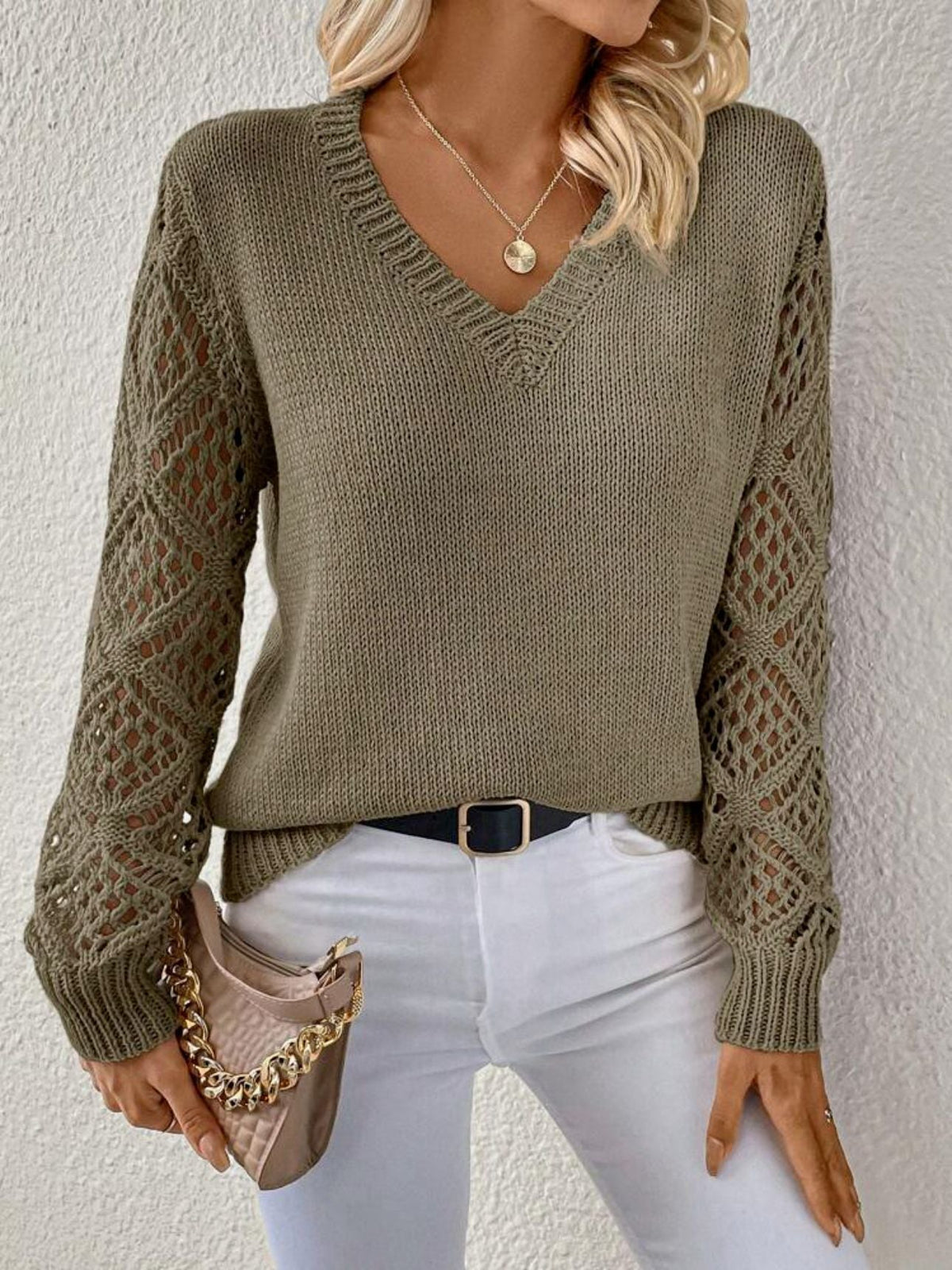 Women's V-Neck Sweater with Crochet Sleeves - Caramel Brown