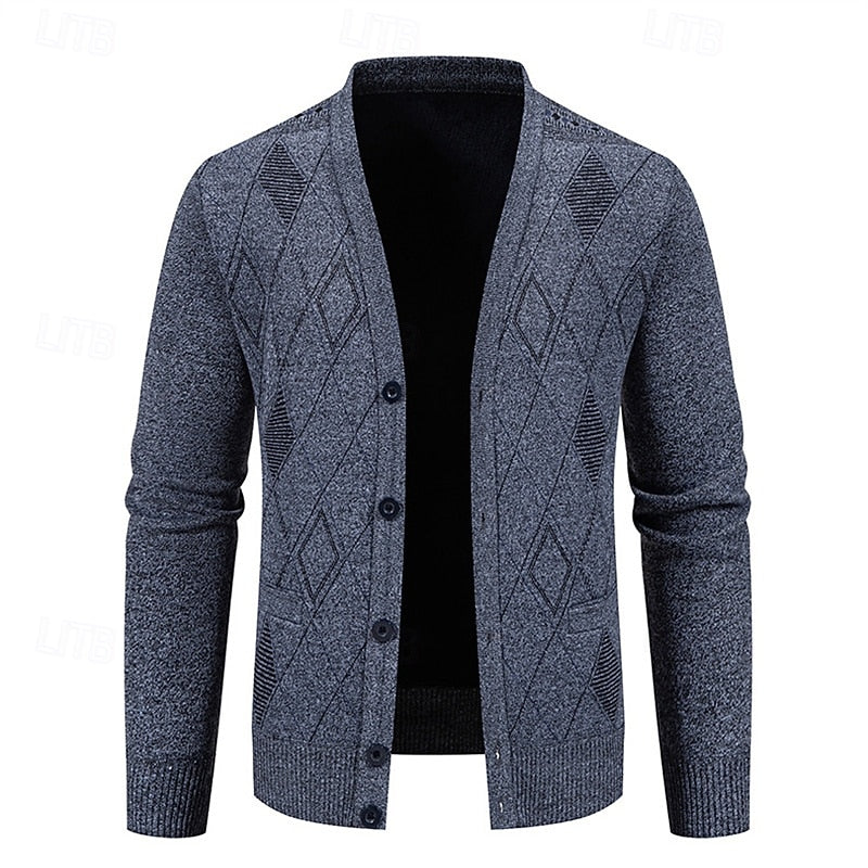 Men's Argyle V-Neck Button Cardigan with Side Pockets