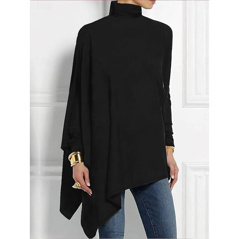 Women's Draped Asymmetric Hem Turtleneck Sweater - Black