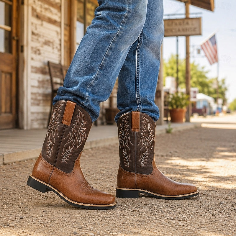 Men's Classic Two-Tone Western Cowboy Boots - Black