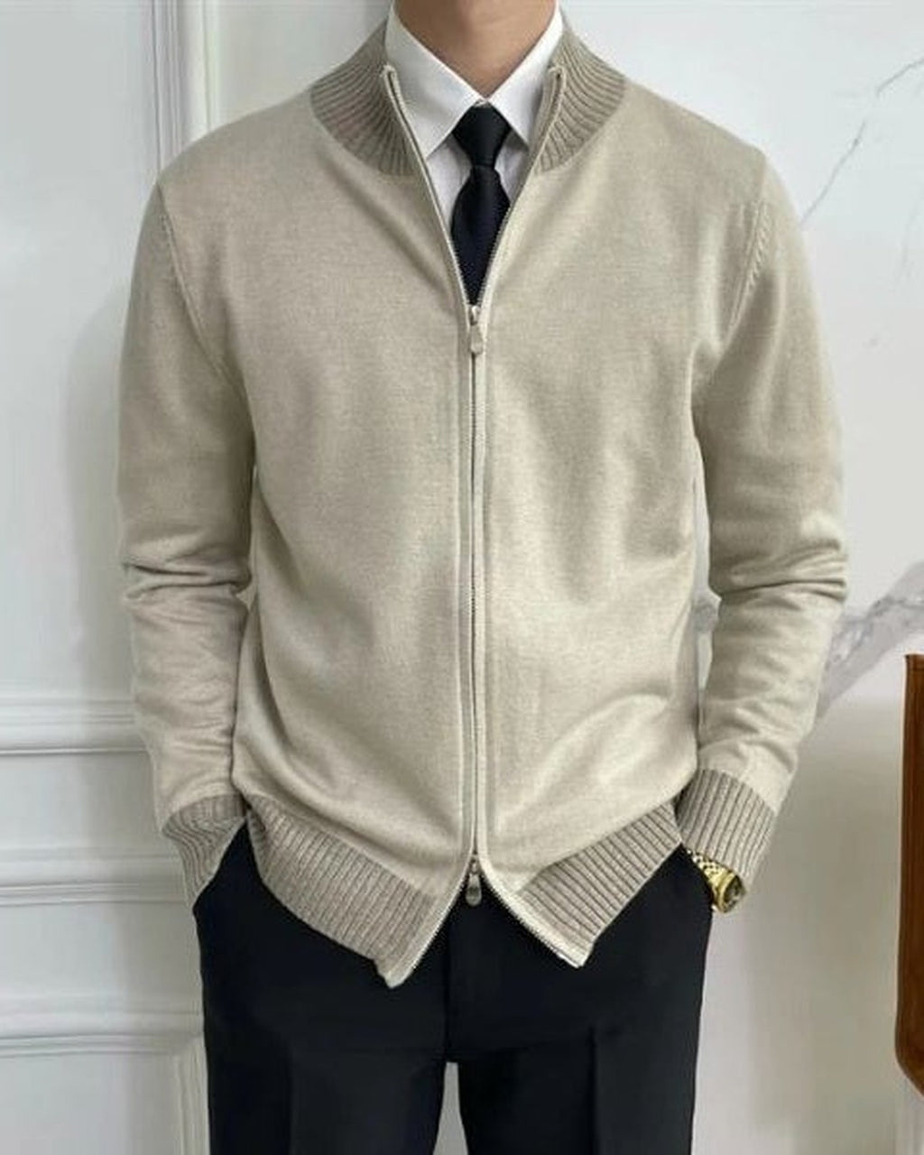 Men's Full-Zip Ribbed Trim Knit Cardigan - Beige
