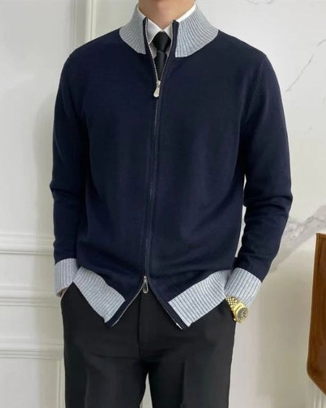 Men's Full-Zip Ribbed Trim Knit Cardigan - Navy Blue