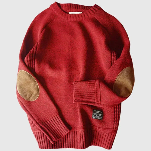 Men's Crew-Neck Jumper with Elbow Patches - Red