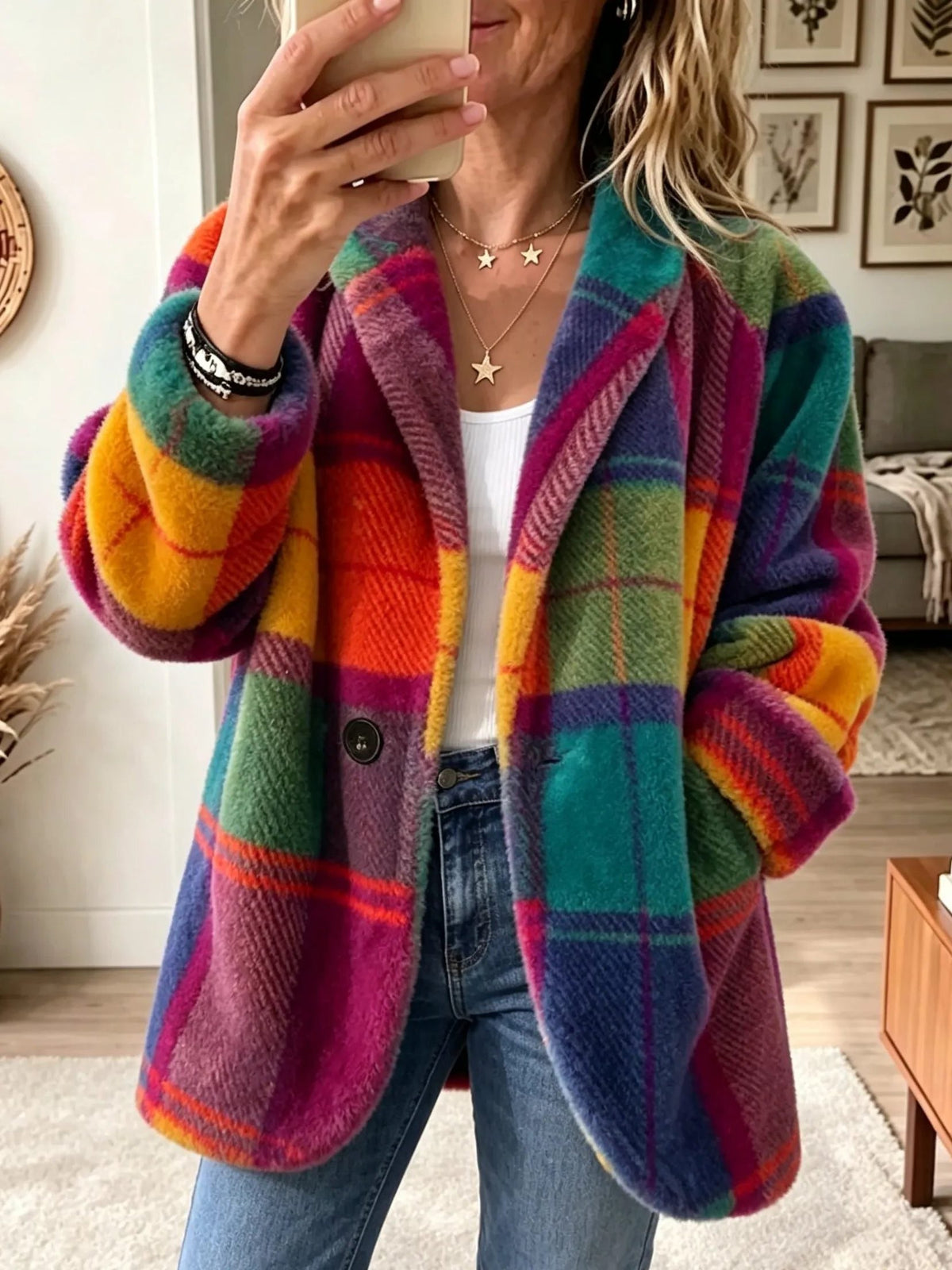 Women's Oversized Plaid Longline Cardigan Blazer - Rainbow