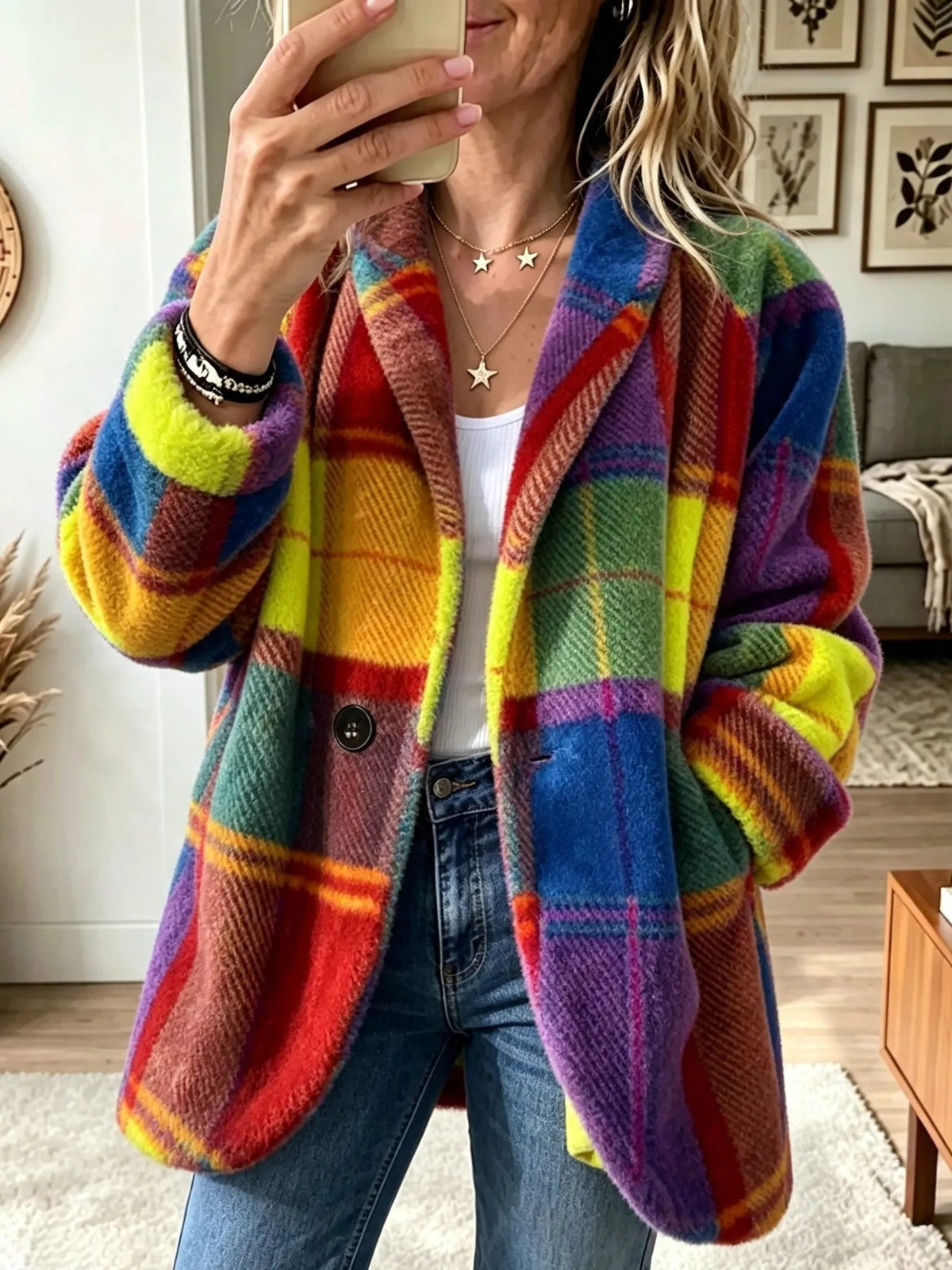 Women's Oversized Plaid Longline Cardigan Blazer - Sun
