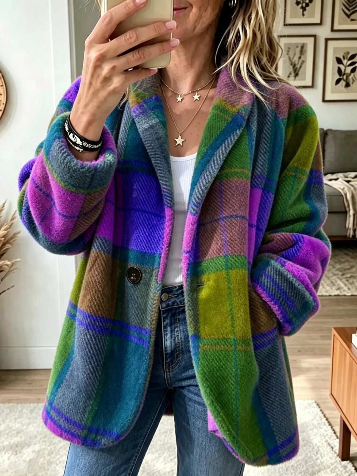Women's Oversized Plaid Longline Cardigan Blazer - Neptune