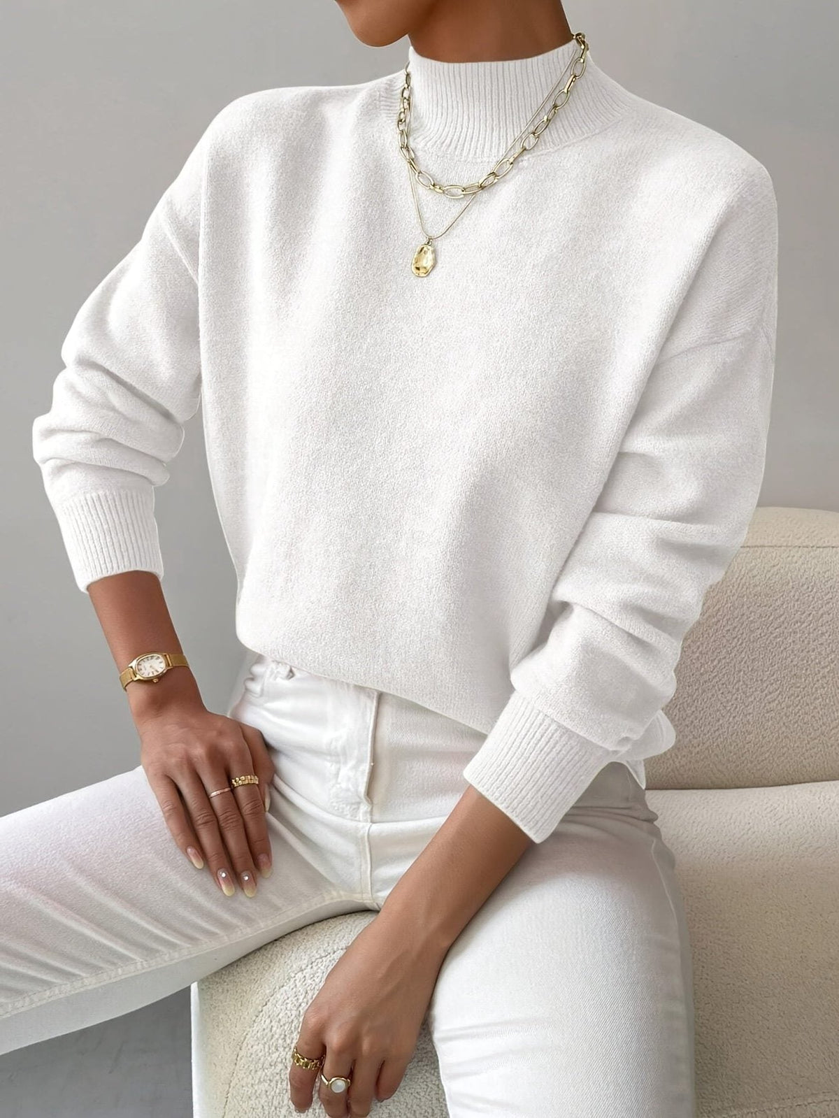 Women's Ribbed Roll Neck Sweater - White