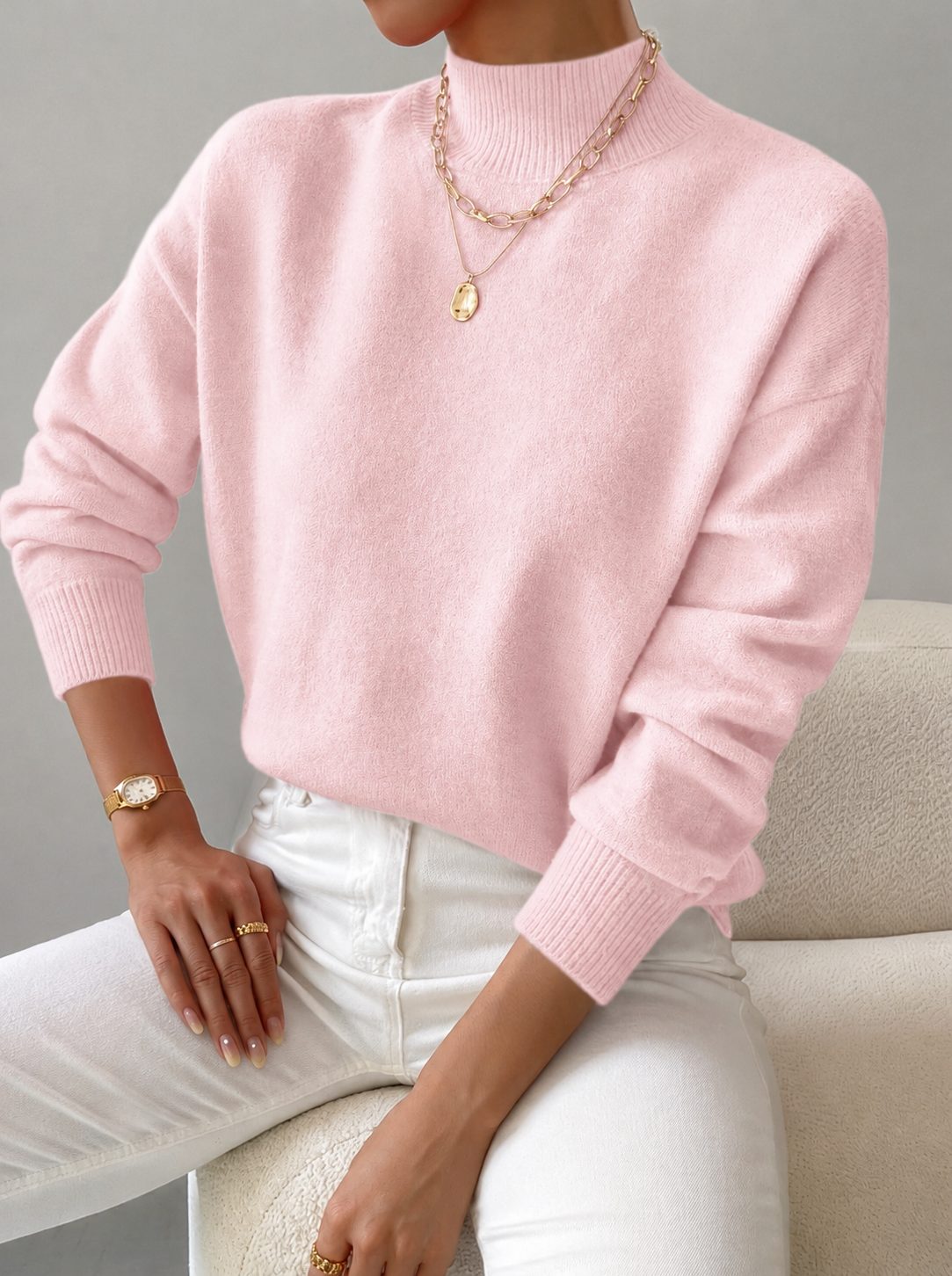 Women's Ribbed Roll Neck Sweater - Light Pink