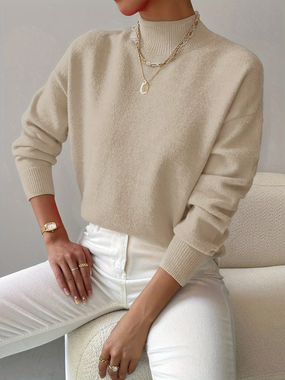 Women's Ribbed Roll Neck Sweater - Beige