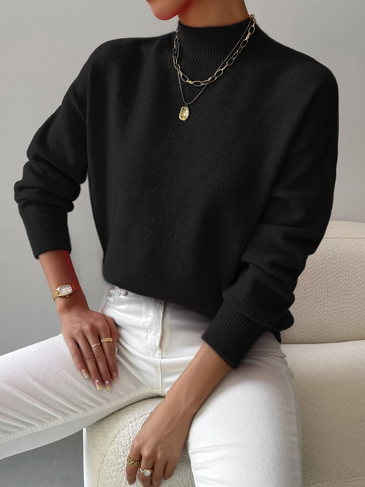 Women's Ribbed Roll Neck Sweater - Black