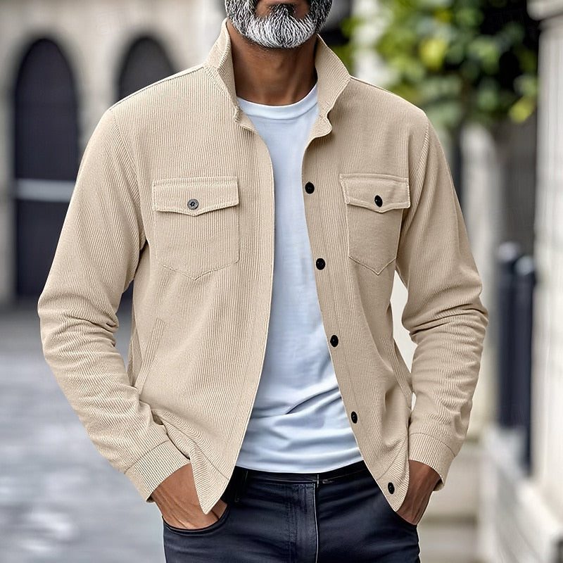 Men's Ribbed Stand Collar Overshirt Jacket - Cream