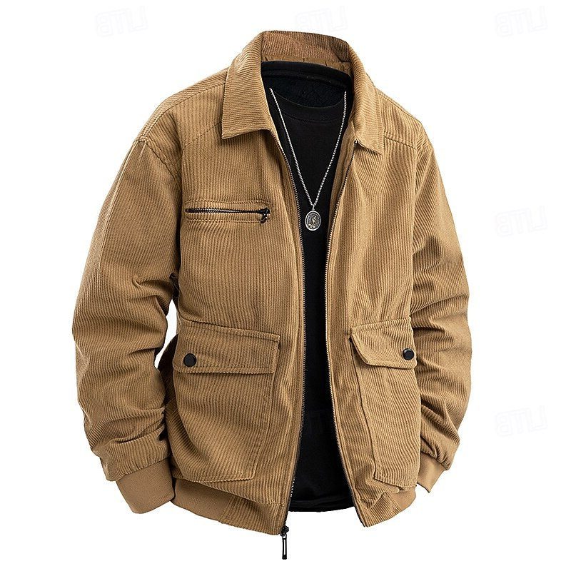 Men's Corduroy Full-Zip Utility Jacket with Flap Pockets - Khaki