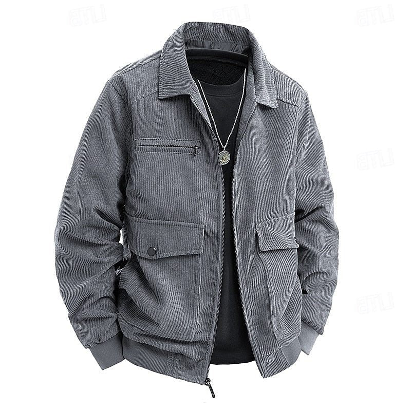 Men's Corduroy Full-Zip Utility Jacket with Flap Pockets - Gray