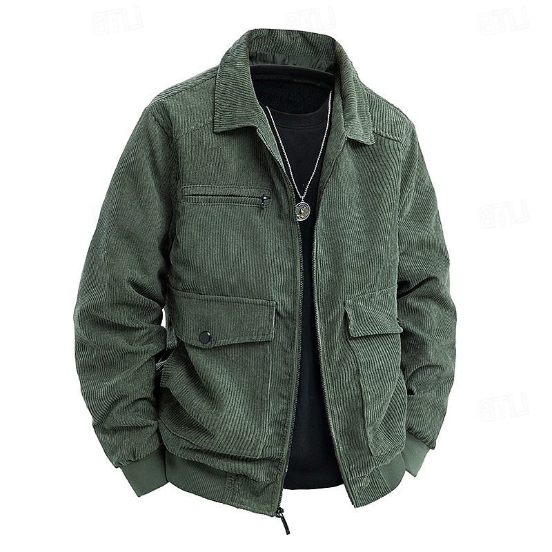 Men's Corduroy Full-Zip Utility Jacket with Flap Pockets - Olive Green