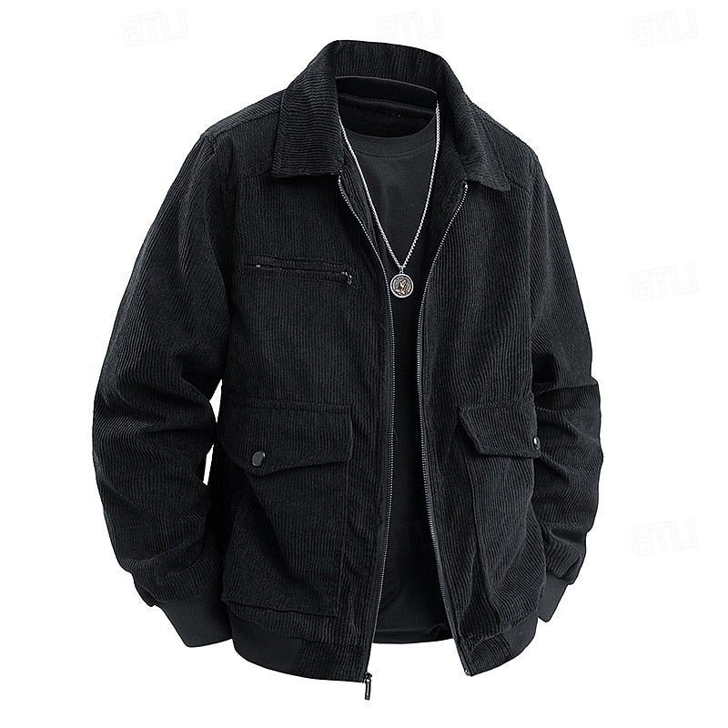 Men's Corduroy Full-Zip Utility Jacket with Flap Pockets - Black