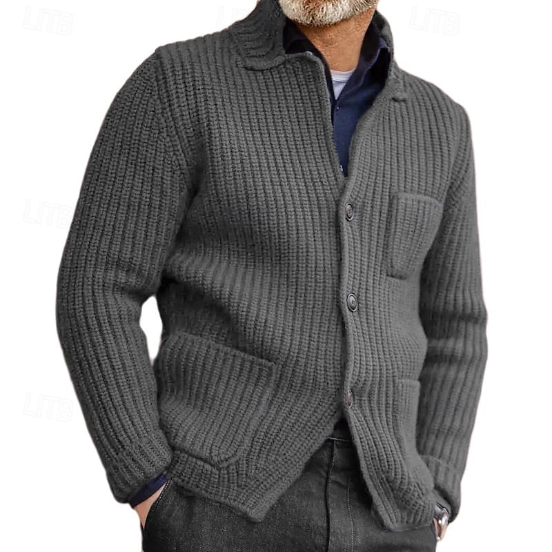 Men's Ribbed Stand-Collar Button Cardigan with Pockets - Navy Blue