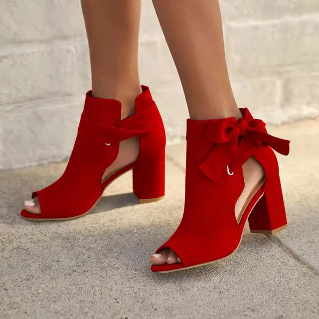 Women's Peep-Toe Ankle Boots with Side Bow Detail - Red