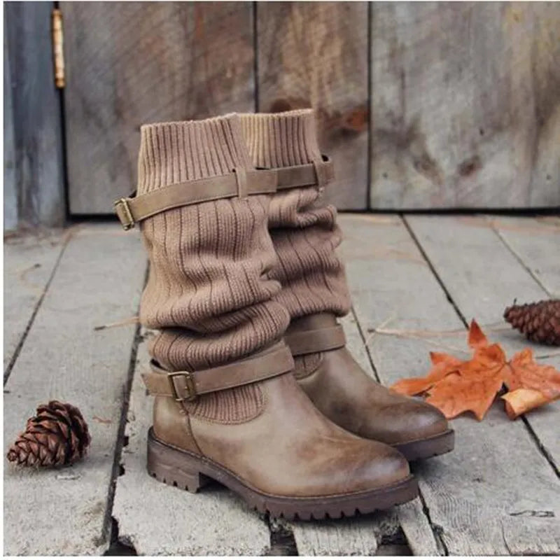 Women's Slouch Knit Winter Boots with Buckle Straps