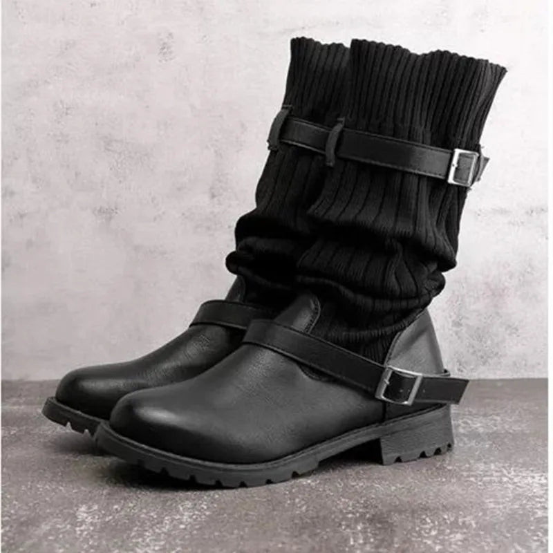 Women's Slouch Knit Winter Boots with Buckle Straps