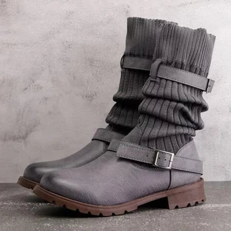 Women's Slouch Knit Winter Boots with Buckle Straps