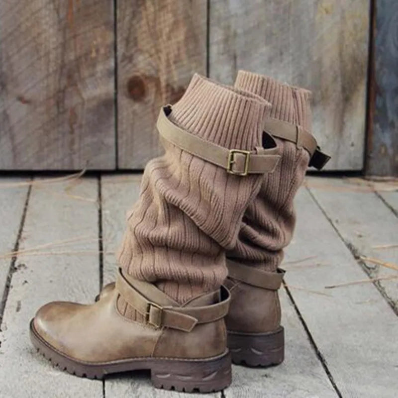 Women's Slouch Knit Winter Boots with Buckle Straps