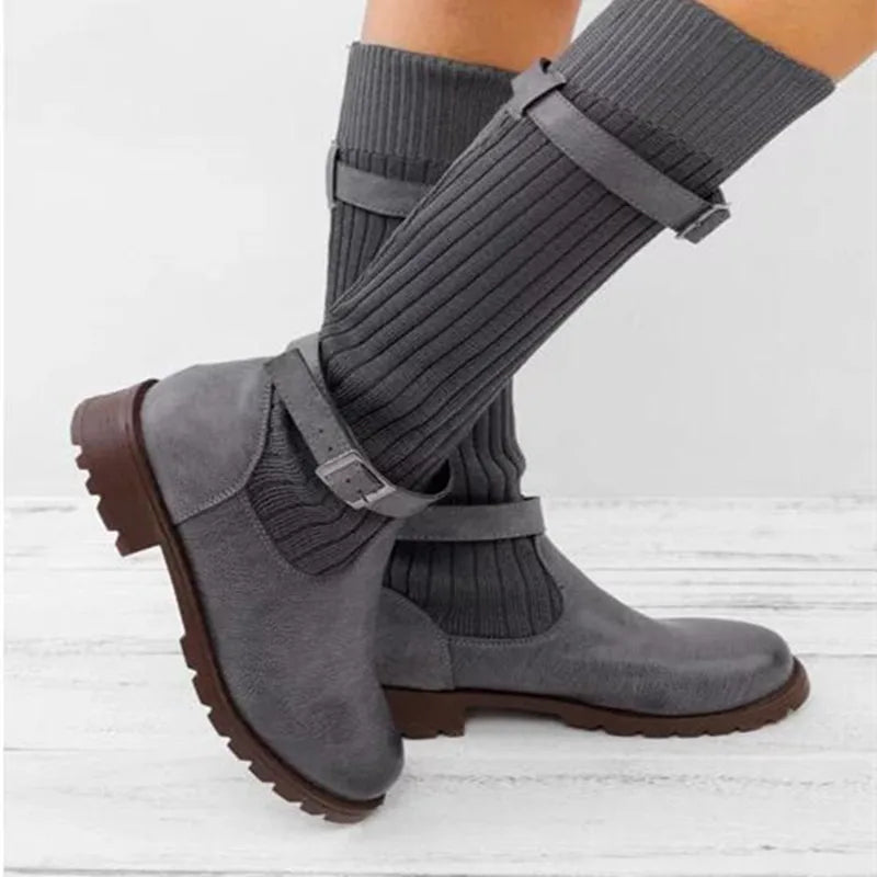 Women's Slouch Knit Winter Boots with Buckle Straps