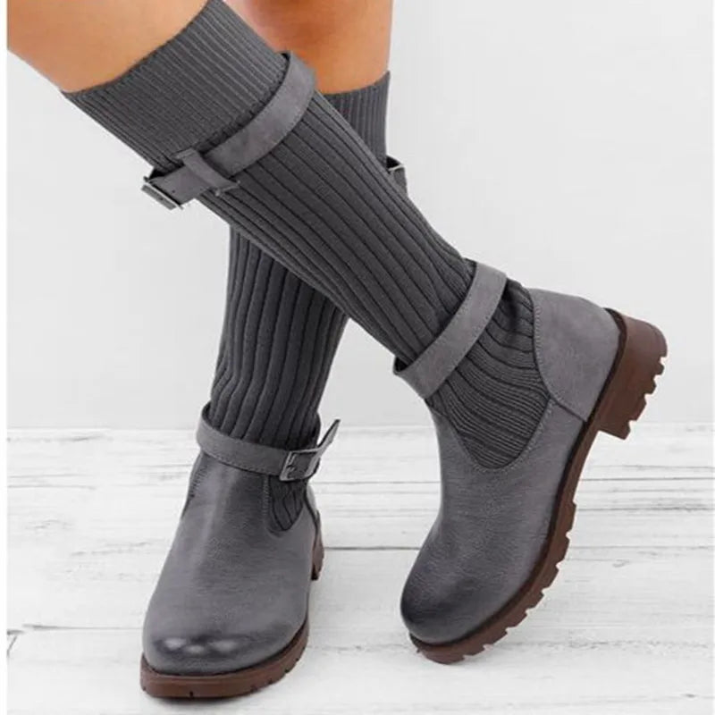 Women's Slouch Knit Winter Boots with Buckle Straps