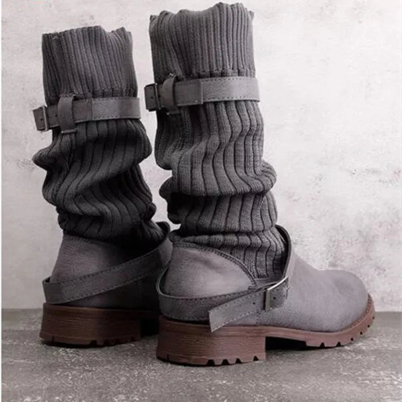 Women's Slouch Knit Winter Boots with Buckle Straps