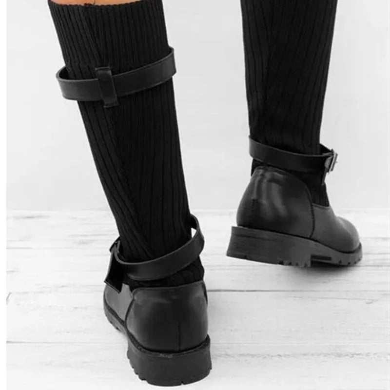 Women's Slouch Knit Winter Boots with Buckle Straps - Black