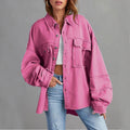 Women's Oversized Distressed Denim Shirt Jacket - Hot Pink