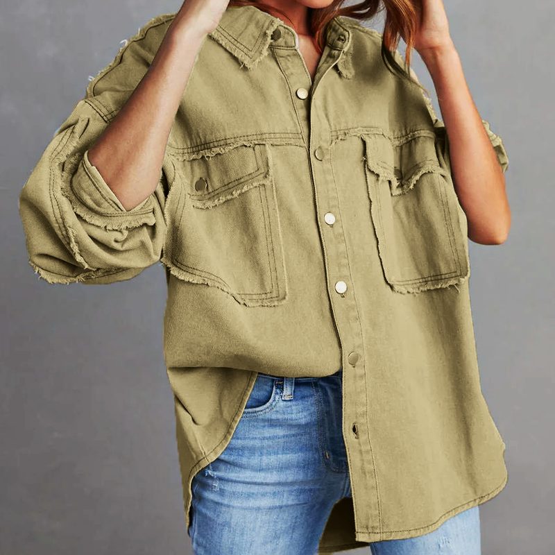 Women's Oversized Distressed Denim Shirt Jacket - Oak Brown