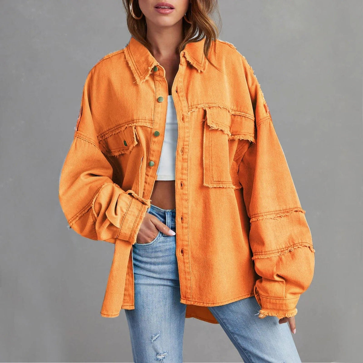 Women's Oversized Distressed Denim Shirt Jacket - Scarlet Orange