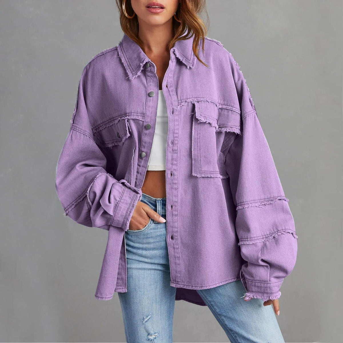Women's Oversized Distressed Denim Shirt Jacket - Lavender Purple