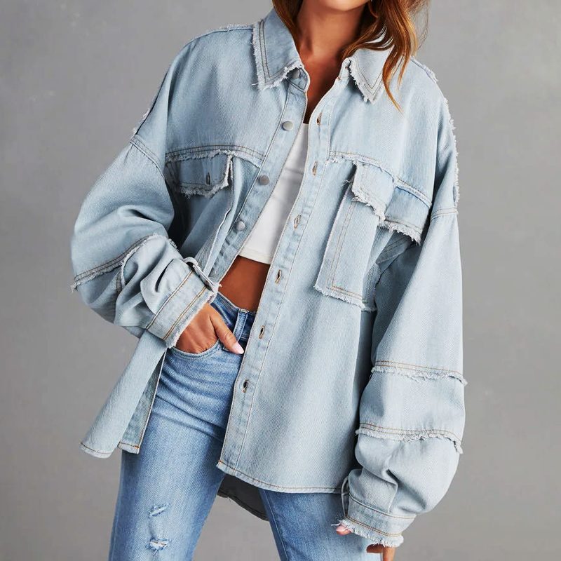 Women's Oversized Distressed Denim Shirt Jacket - Denim Blue