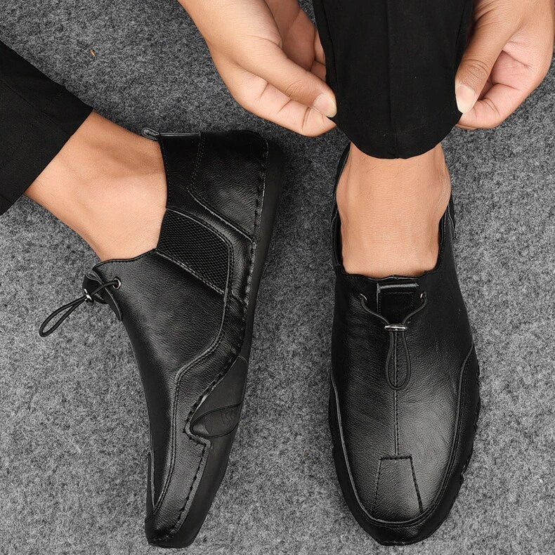 Men's Leather Drawcord Loafers - Black