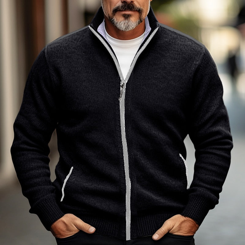 Men's Stand-Collar Full-Zip Knit Cardigan - Black