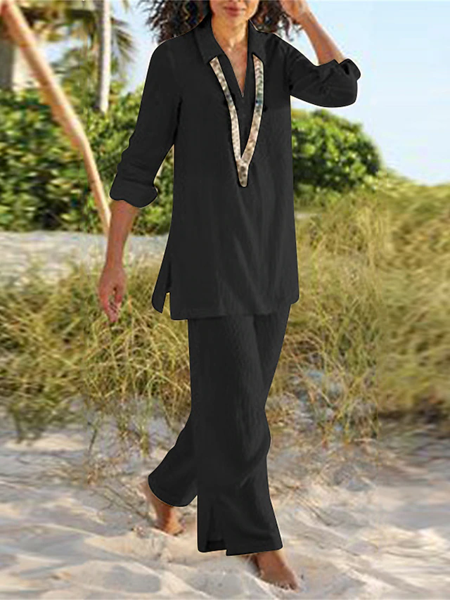 Women's V-Neck Top and Wide-Leg Trouser Set