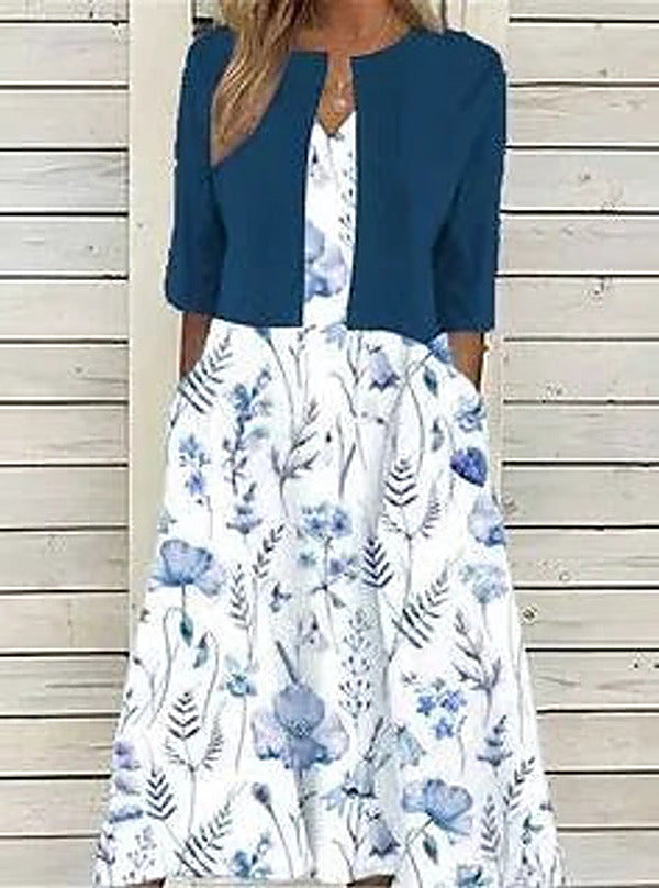 Women's Floral 3/4 Sleeve Two-Piece Midi Dress