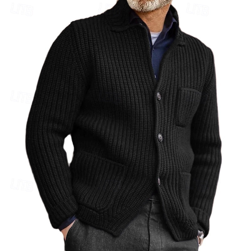 Men's Ribbed Stand-Collar Button Cardigan with Pockets