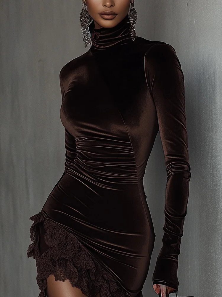 Women's Ruched Velvet Long-Sleeve Mini Dress with Asymmetric Lace Trim