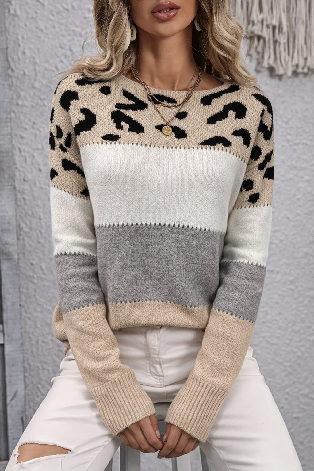 Women's Leopard Print Crew Neck Sweater
