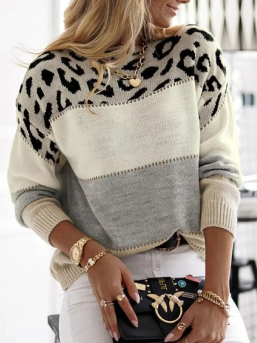 Women's Leopard Print Crew Neck Sweater