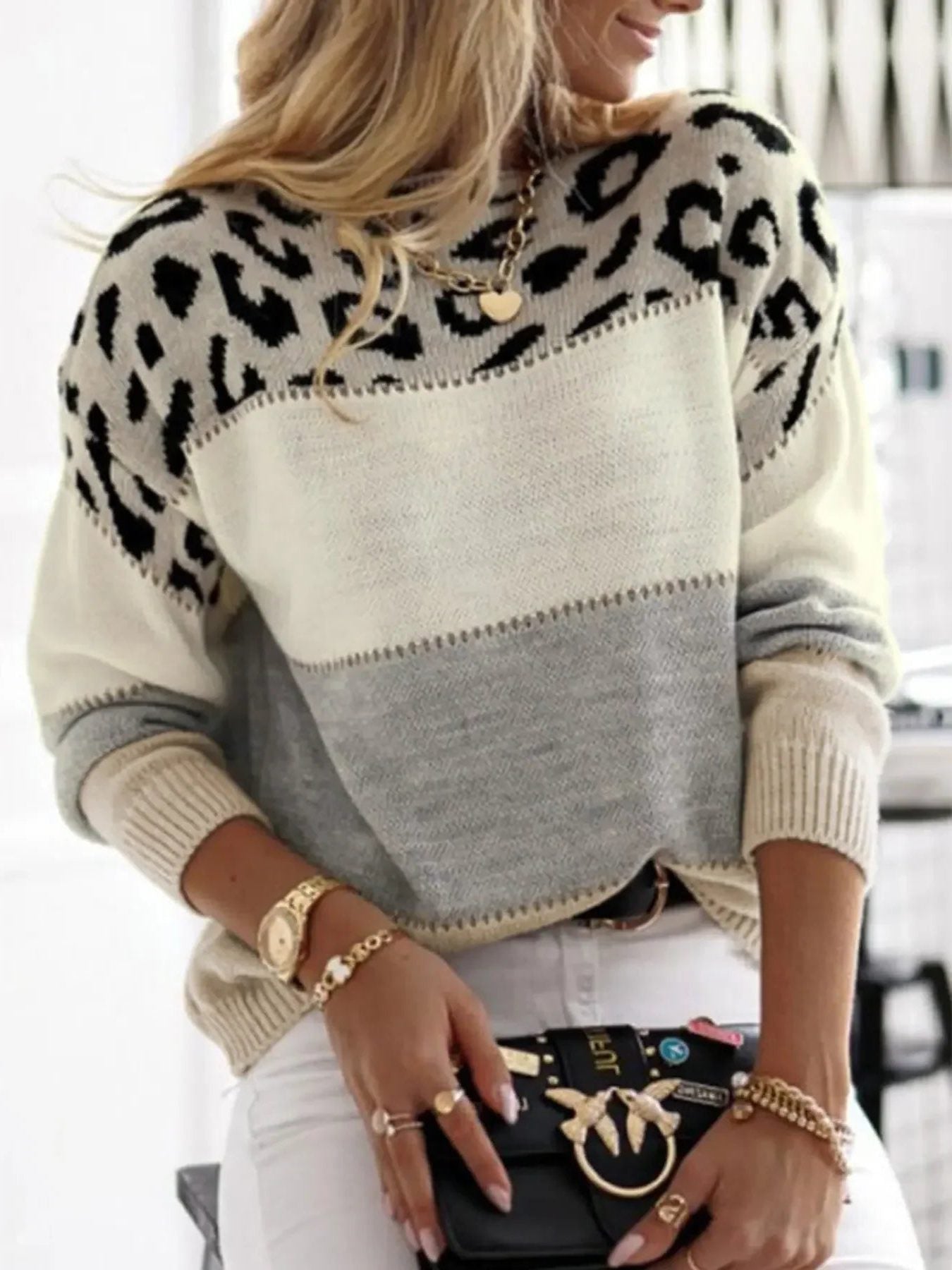 Women's Leopard Print Crew Neck Sweater