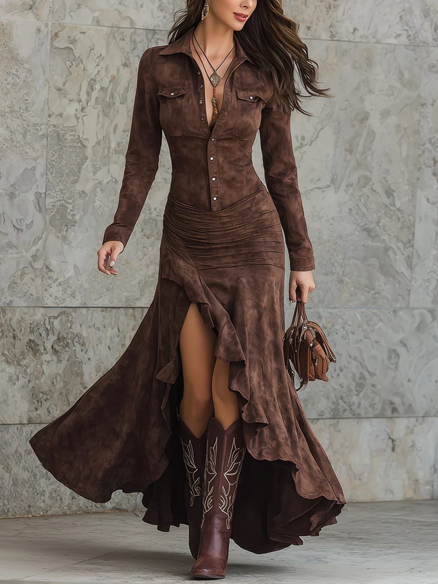 Women's Suede Button-Down Ruched Waist Shirt Maxi Dress - Brown