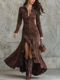 Women's Suede Button-Down Ruched Waist Shirt Maxi Dress - Brown