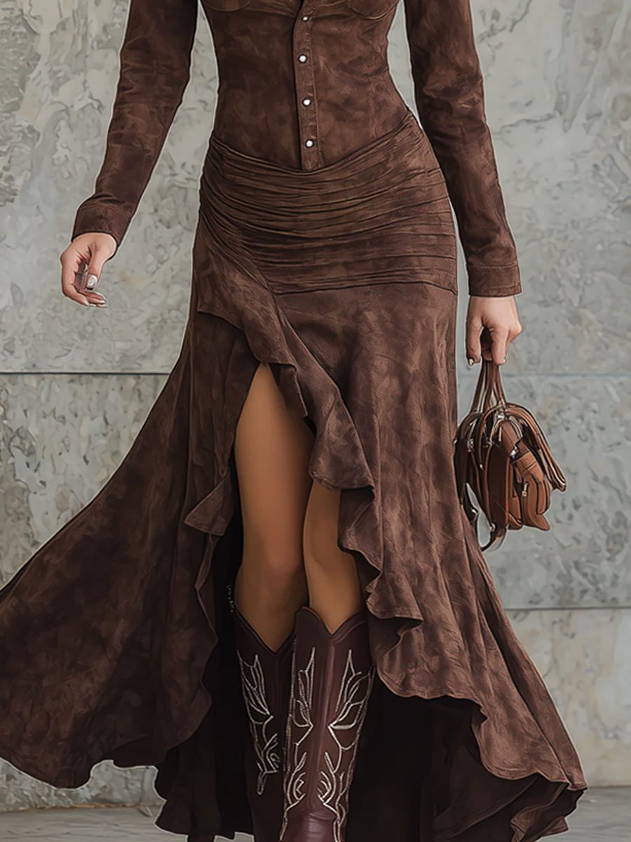Women's Suede Button-Down Ruched Waist Shirt Maxi Dress
