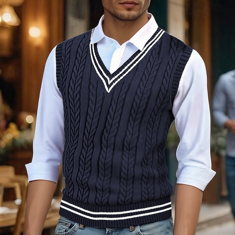 Men's Striped Cable-Knit V-Neck Vest - Dark Gray